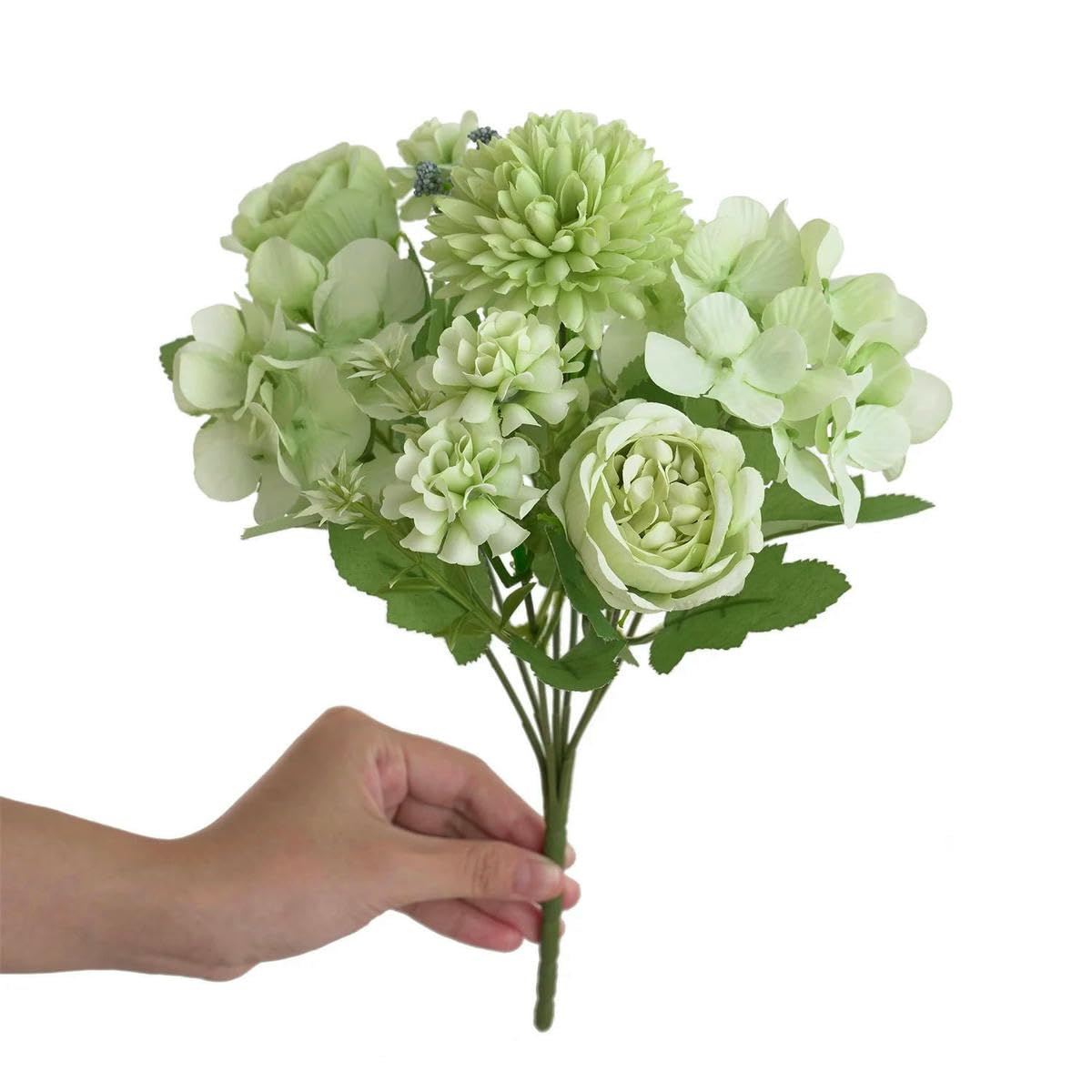 AYHTUD 1/4pcs Realistic Artificial Flower Bouquet, Reusable Faux Peony Chrysanthemums Hydrangea Bouquets with Stem, Home Room Decor-green-1pc