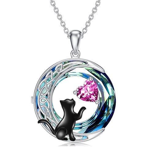 TOUPOP Cat Gifts for Cats Lovers 925 Sterling Silver Black Cat Necklace Celtic Moon Birthstone Jewelry for Women Christmas Birthday Gifts for Her