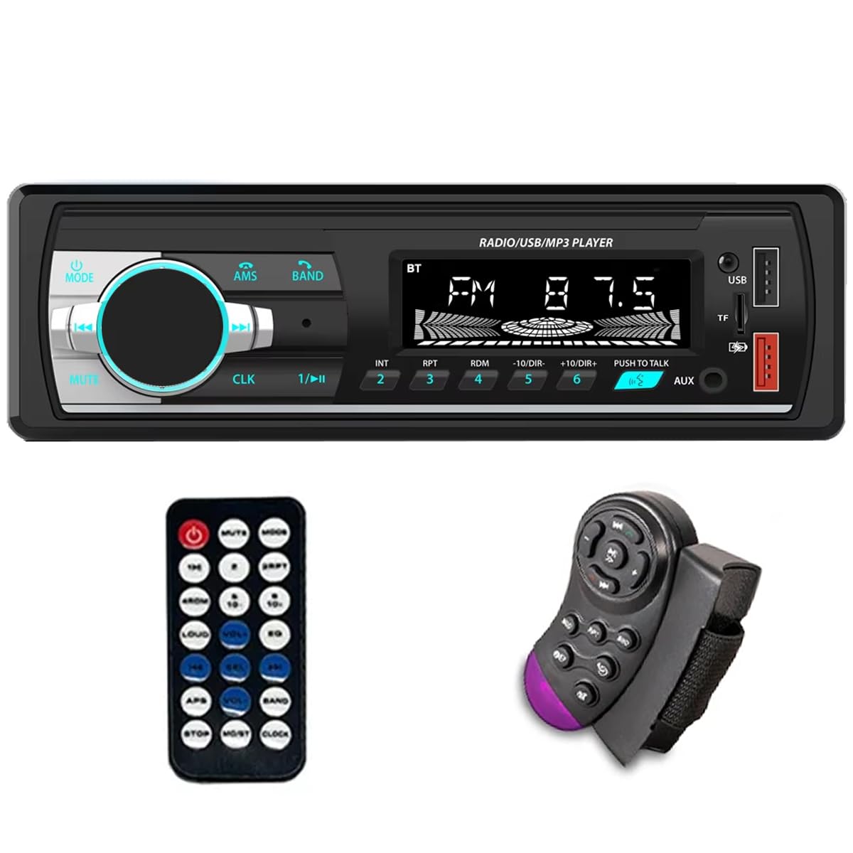 Aototeck Single DIN Car Stereo Bluetooth Hands-Free, 12V-24V Car Radio with TF/Dual USB/AUX Port, 1 Din Car Audio FM Radio with Colors Lighting, Digital MP3 Player with Steering Wheel Remote Control
