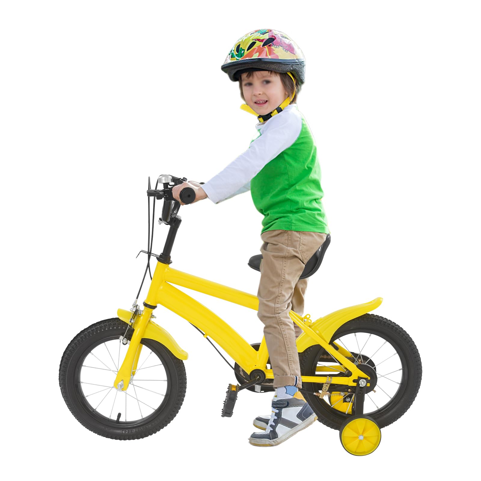 Bicicletta per bambini 14 pollici con ruote di supporto e parafanghi, freno doppio, altezza regolabile 43-49 cm