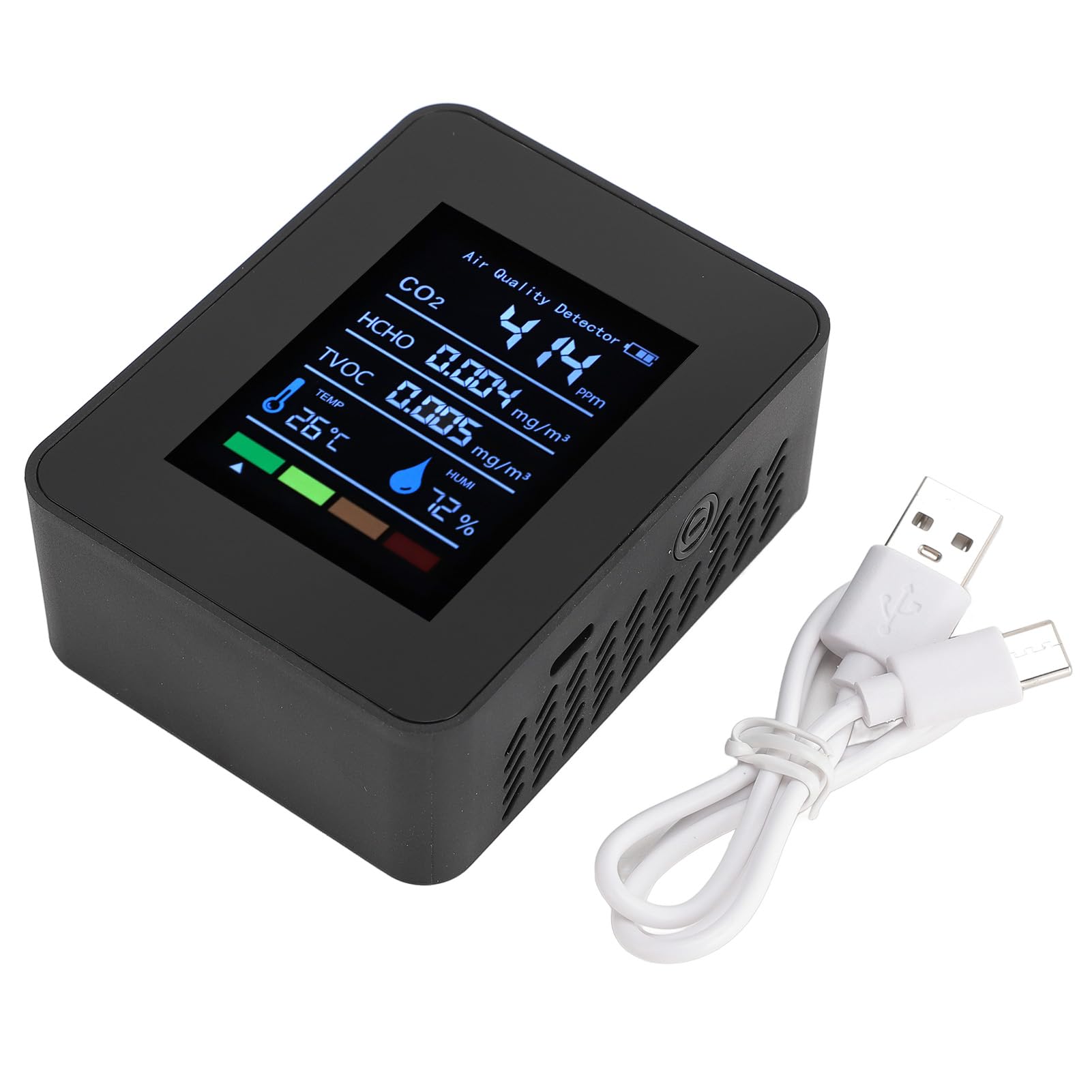 Monitor Jakości Powietrza 5 w 1, Miernik Testowy CO2/HCHO/TVOC/temperatury/wilgotności, Inteligentny Detektor Jakości Powietrza z Wyświetlaczem i baterią 1200 MAh, do Domu, Biura