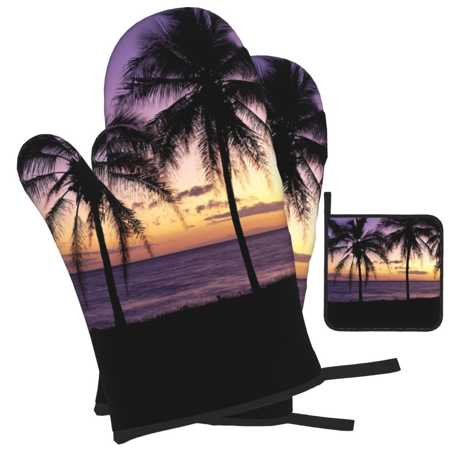 Sunset Beach Palm Tree Printed Oven Mitts and Pot Holders Heat Resistant Set of 3 Pcs, Modern Kitchen Gloves & Potholders for Cooking Baking Grilling