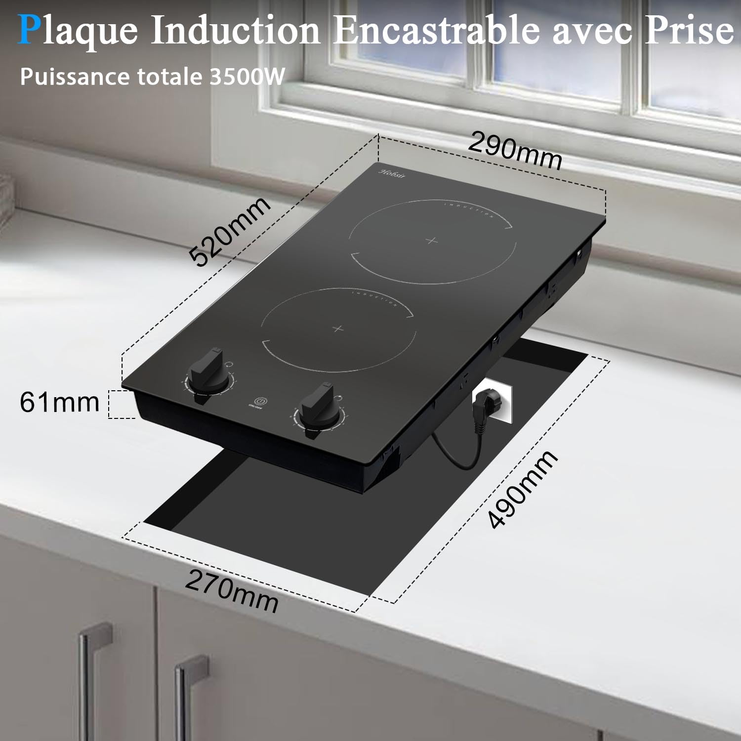 Plaque Induction 2 Foyers Encastrable 3400W - Table Cuisson Double Zones Booster, Minuterie 99 Min, Verrouillage Enfant, 51x29.5 Cm