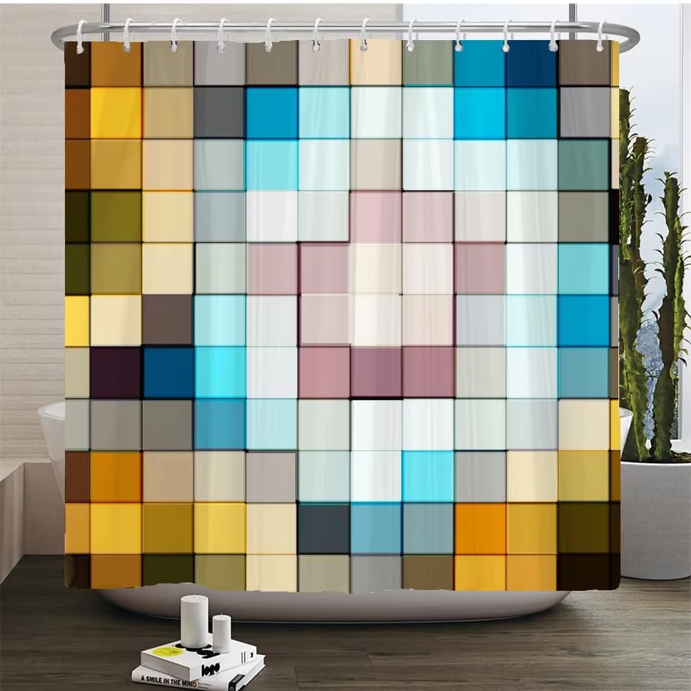 Kelaimi Style 3 Natural Geometric Shower Curtain,Bohemian Multicolor Geometric Bathroom Curtains,Modern Waterproof Polyester Fabric Bathtub Curtains With Hooks 200X200cm