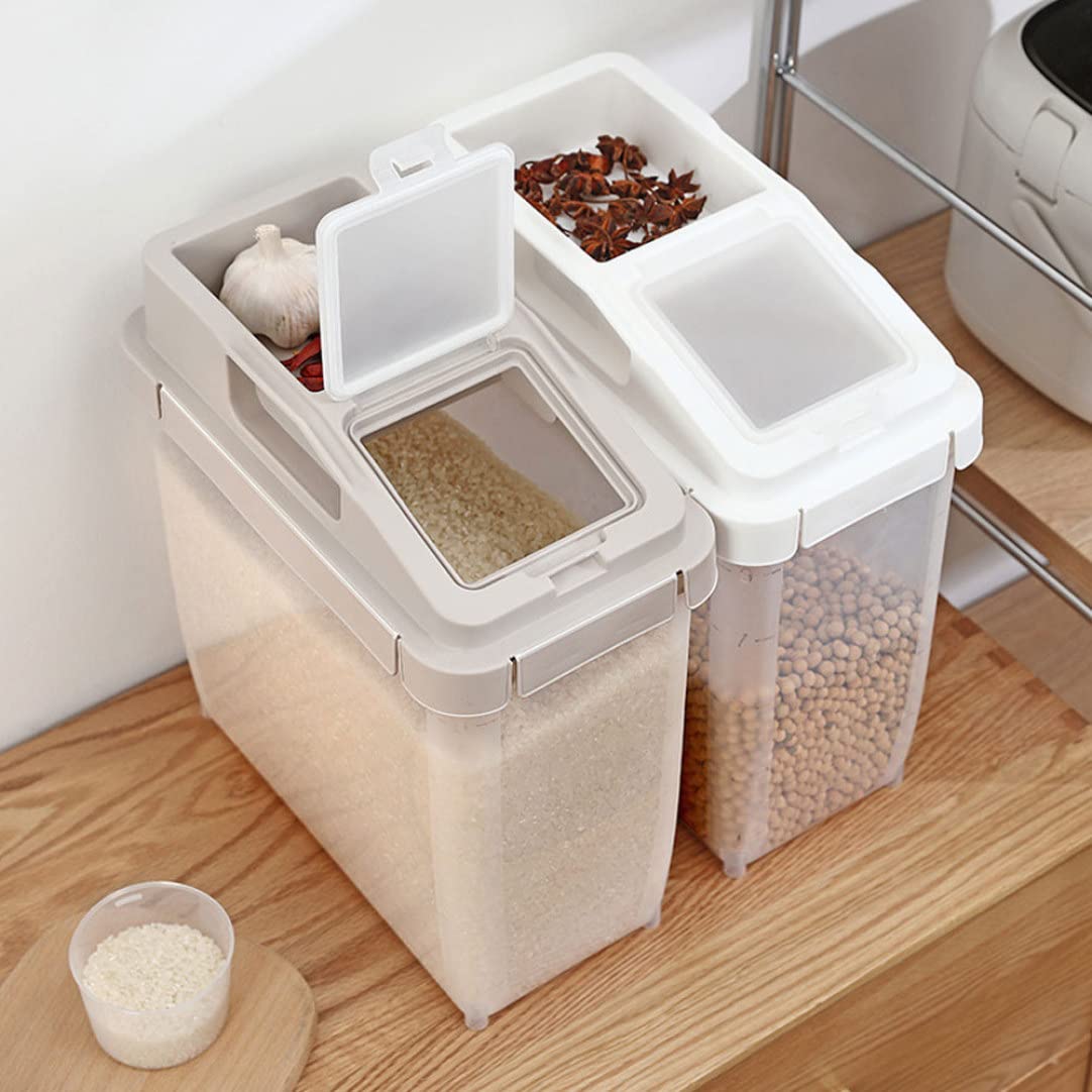 Bac de Stockage d'ingrédients, conteneur de 10kg Riz, Aliments secs, scellé sur Roues avec Couvercle, Tasse à mesurer Le café