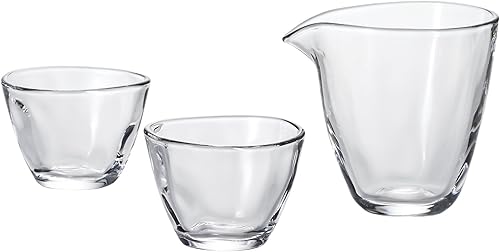 ADERIA S6202 Juego de sake frío Jarra de vidrio de 5.4 oz (5.4 fl oz) y 2 vasos de vidrio de 3 oz (3.0 fl oz) Hecho en Japón