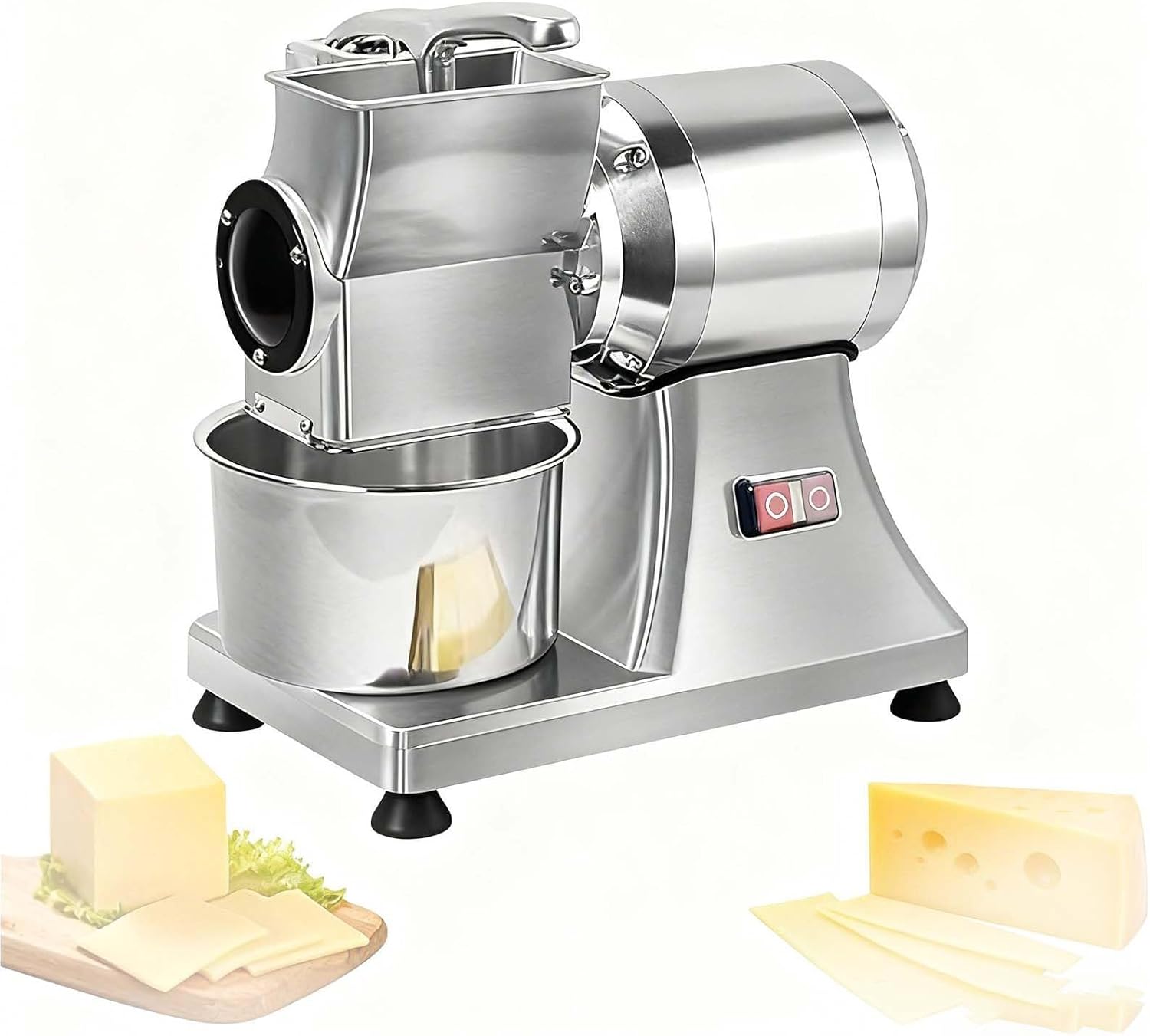 Stainless Steel Electric Cheese Grater With Bucket, 900w Commercial Heavy Duty Shredder, 60kg/Hr Throughput For Block Cheese, Butter, Bread Crumbs, Chocolate - Enlarged Inlet 5.5×2.4in