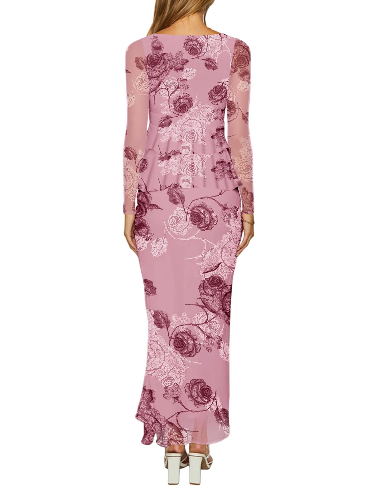 SEBOWEL Ensemble deux pièces en maille florale pour femme - Jupe à manches longues froncée - Jupe moulante à volants - Robe de cocktail formelle