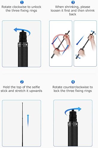Miniatura 8 de ASHATA Para Insta360 Selfie Stick, Fibra de Carbono 6 Secciones Selfie Stick 9.8 in a 45.7 in Longitud Ajustable, Cámara Panorámica Selfie Stick