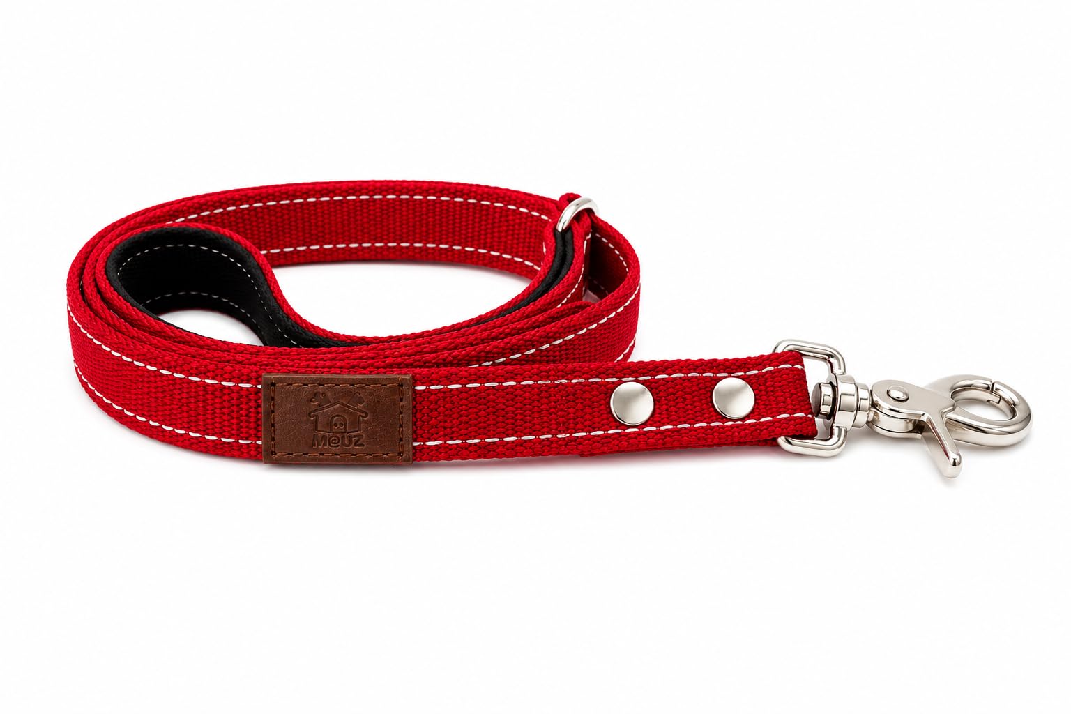 MOUZ Correa Perro adiestramiento de Nailon Doble, de 1.20metros, Alta Resistencia, Correa con Mango Acolchado, mosquetón de Seguridad 360º y Clip para Accesorios. Hecho en España. (Rojo)