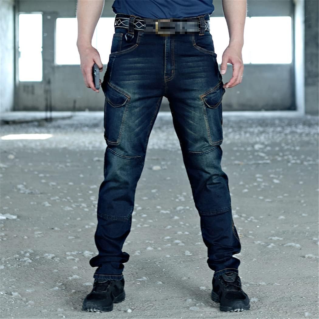 KEHAIOO Men Stretch Multi Pockets Tactical Denim Pants, Casual Combat Army Working Pants, Military Cargo Jeans Trousers