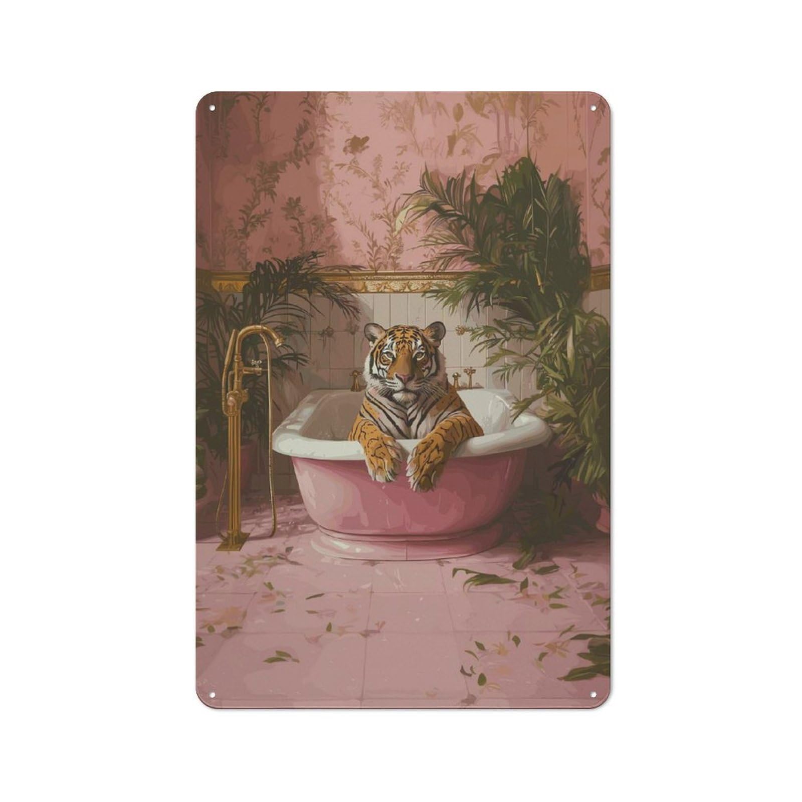 Junmoney Tiger In A Pink Tub Rustic Metal Wall Sign 30X20cm For Café Or Restaurant, Gift Idea At Christmas For Café Owners And Decorators