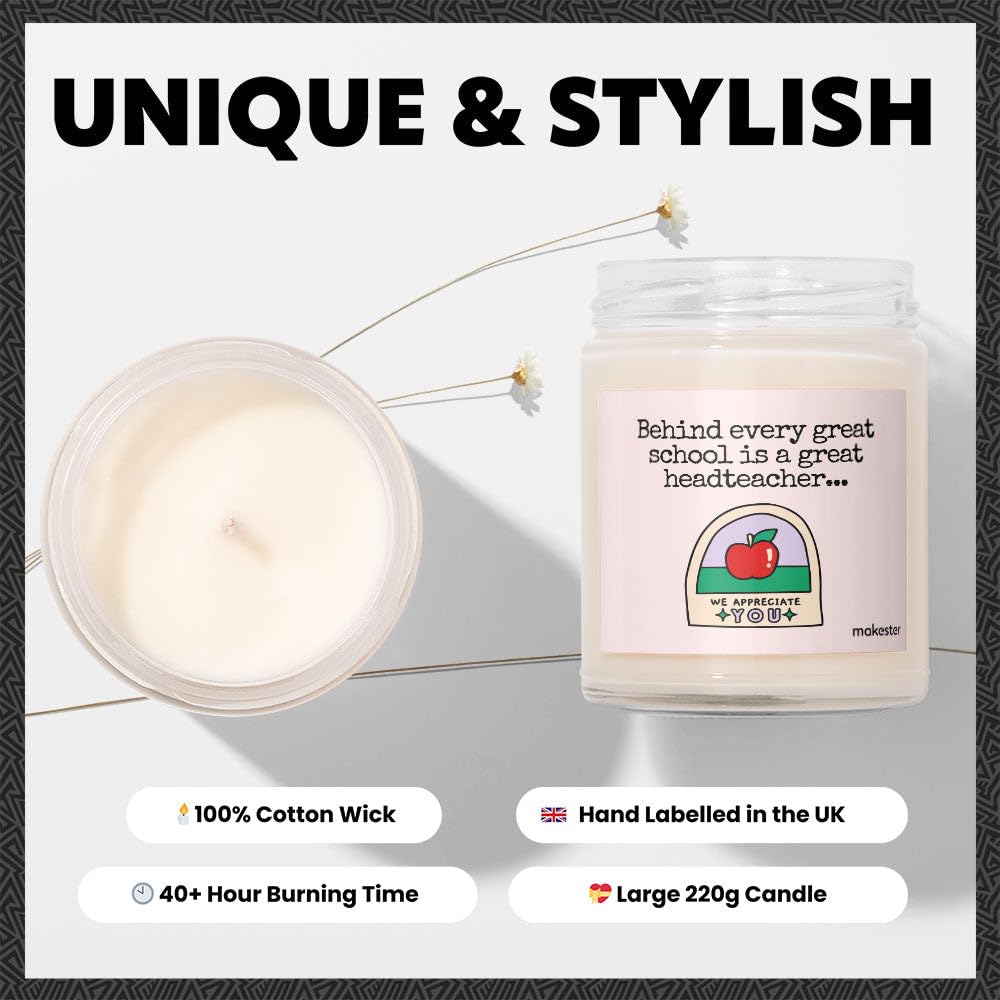 Head Teacher Gifts - Luxury Soy Wax Candle - Vanilla, Jasmine, Sugared Almond - Makester, White - Image 3