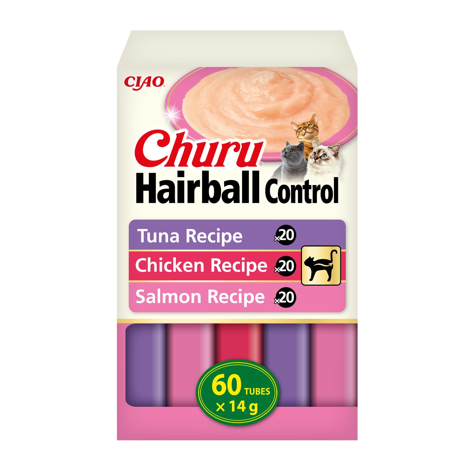 INABA Churu Hairball Control, Creamy Cat Treats for Hairball Care with Tuna, Chicken and Salmon Recipes, Smooth Purée with added Fibre, Rich in Omega 3 & 6, High Moisture, 60 Sticks x 14 g