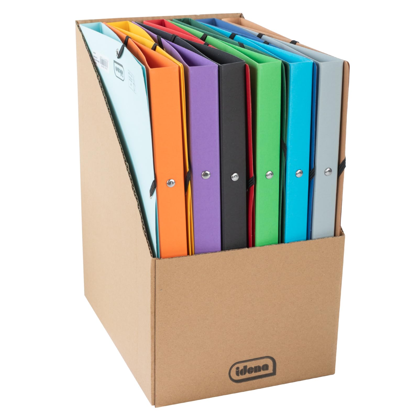 Idena Eco 11097 Cardboard Ring Binders in DIN A4, 12 Coloured Folders with 20 mm Spine Width and 2-Ring Mechanism, Elastic Band Over Corner — image 1