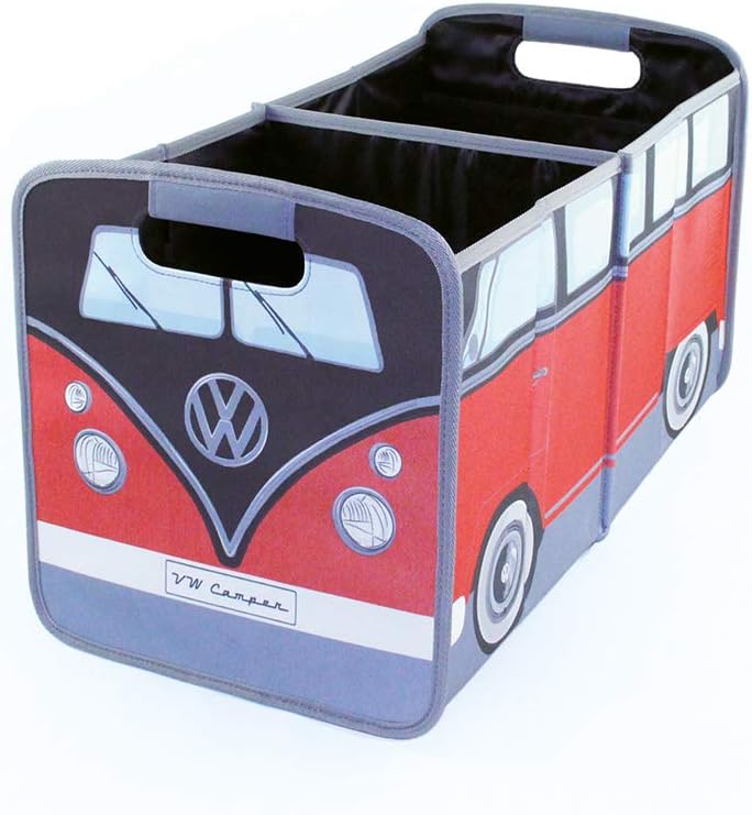 VW Collection - Volkswagen Foldable Storage Trunk Box Bag for Grocery Shopping in VW T1 Bus Campervan Shape (Classic Bus/Red & Black)
