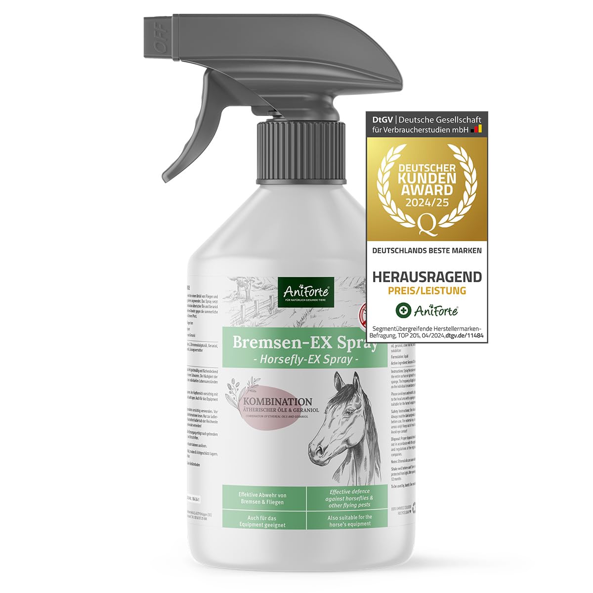 AniForte Spray contra tábanos para caballos 1L - Repelente eficaz y de larga duración contra los tábanos, Protección contra Mosquitos, Moscas, parásitos, Bloqueador de tábanos