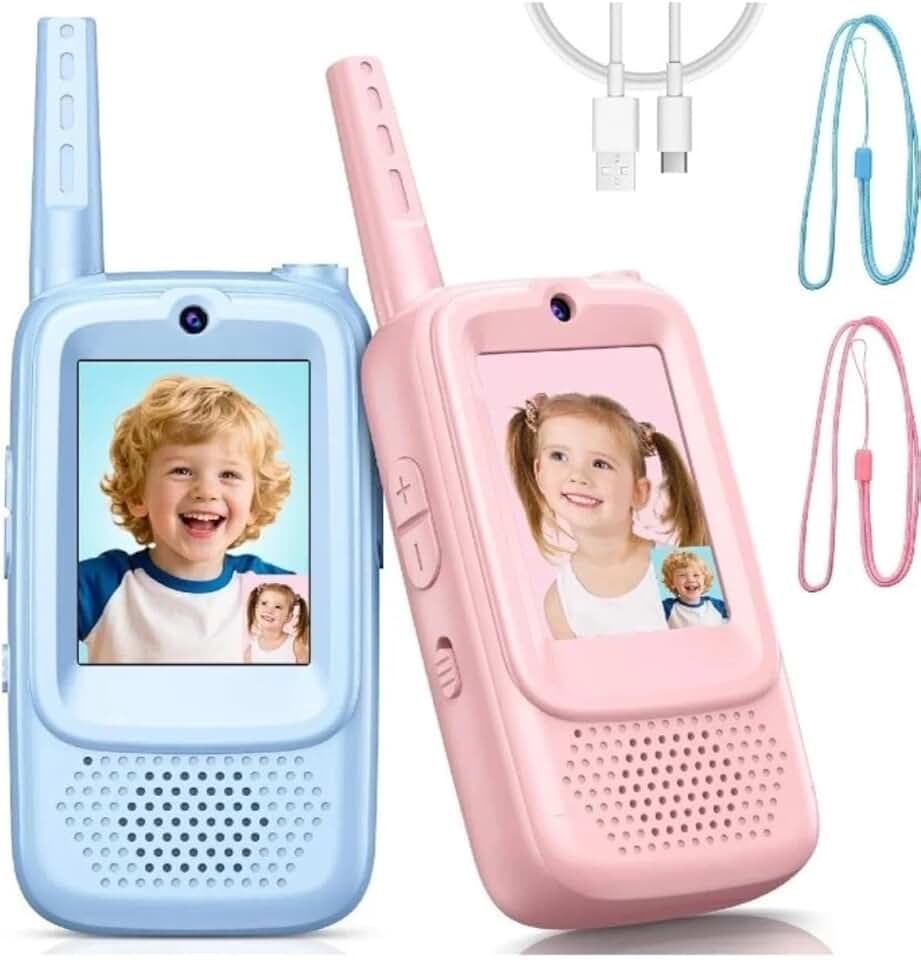 Walkie Talkie Infantil com Vídeo e Tela LCD 2” – Comunicação Sem Fio até 400m – 3 Modos de Voz – Recarregável, 1 Rosa e 1 Azul acompanha ioio - YASDA