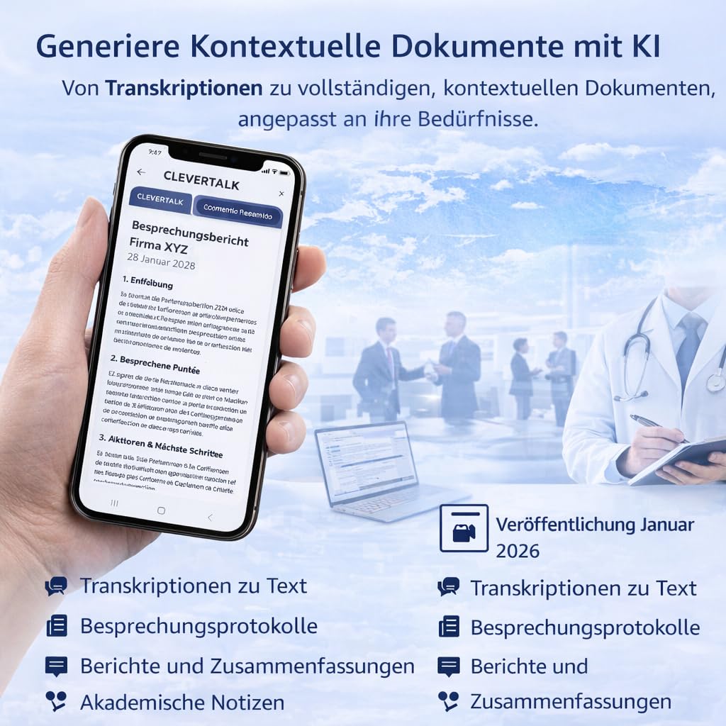 CleverTalk Q1 KI-Sprachrekorder | Sprachaktiviert | Mobile App, Mac, Windows und Web | Europäische Cloud DSGVO | 64GB | HD-Audio 1536kbps | USB-C
