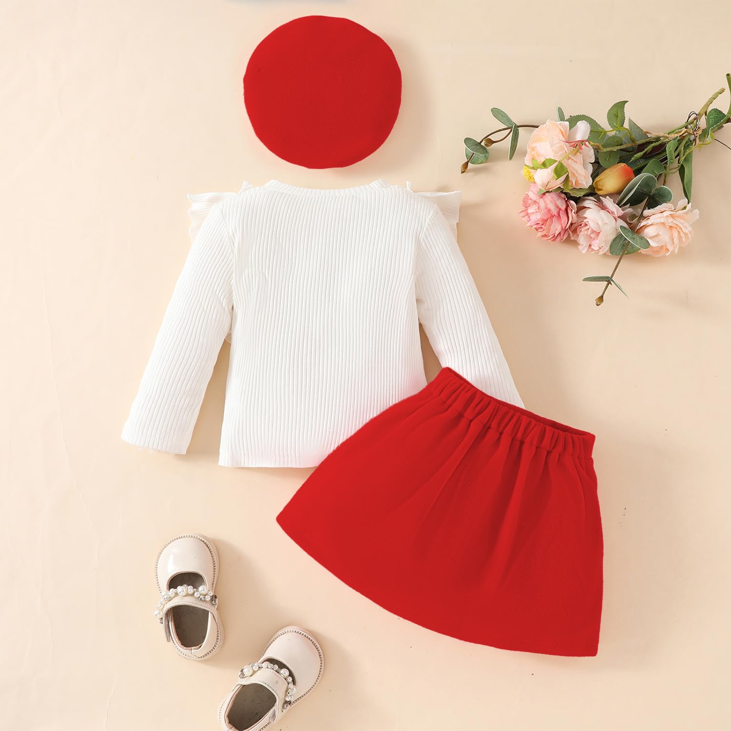 Kleinkind Baby Mädchen Outfits Rüschenärmel Gestrickt Bowknot Shirt + Elegant Mini Rock+ Baskenmütze 3 Stück Sommer Herbst Kleidung Sets