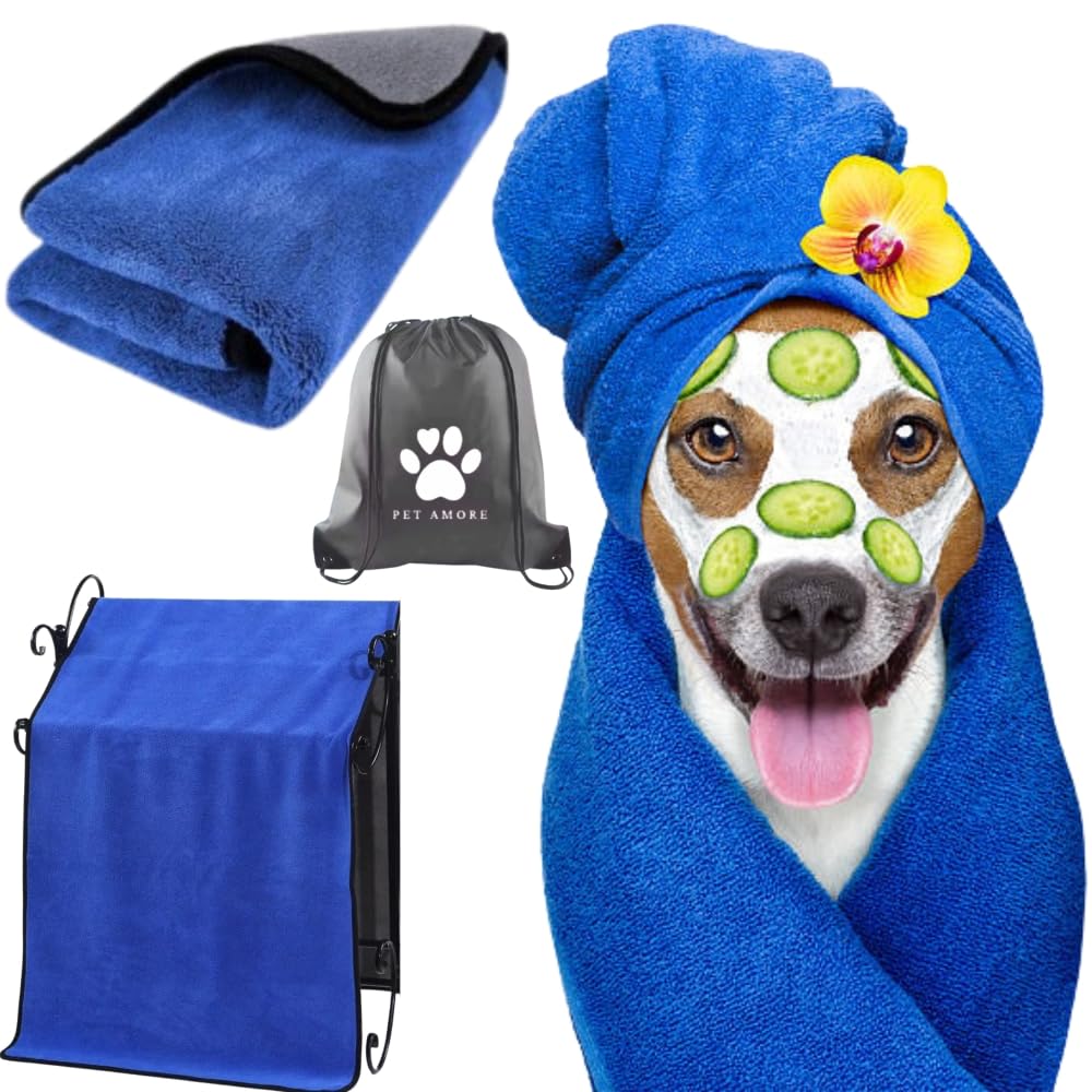 Ultra-Absorbent XL Dog Towel – 140x70cm Soft Coral Fleece Microfibre, Fast-Drying, Calming pet blanket– Includes Drawstring Bag (Blue/Grey)