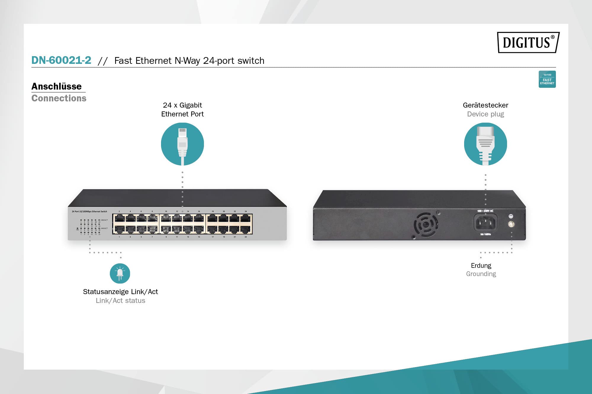 Digitus DN-60021-2 Switch di Rete Fast Ethernet (10/100), Grigio