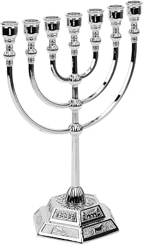 Traditional Jerusalem Temple Candle Holder Menorah Jewish 7 Branch Israel Candlestick Candle Holders 17cm Hexagonal Base Jewish Candle Holder Holy Land Silver