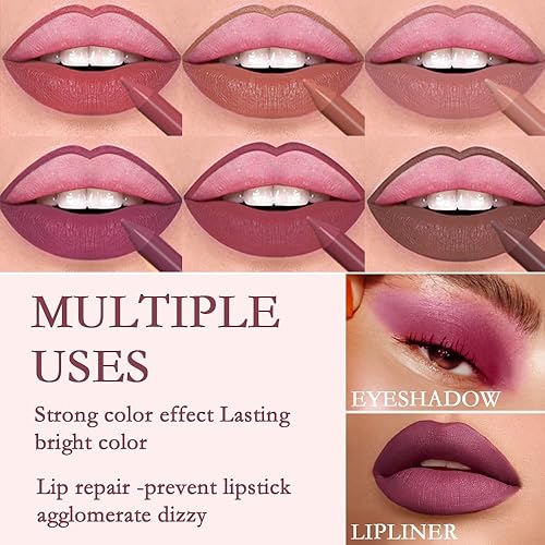 Miniatura 4 de evpct Juego de 6 lápices delineadores de labios de larga duración para dar forma y esculpir labios, color rosa rojo, nude, marrón, rosa, ciruela,