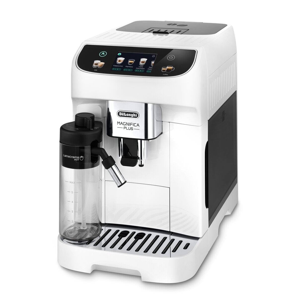 De'Longhi Magnifica Plus ECAM320.60.W, Máquina de Café Automática LatteCrema Caliente para Cappuccino, 4 Recetas, Pantalla Táctil a Color, Función Doble Espresso, Blanca