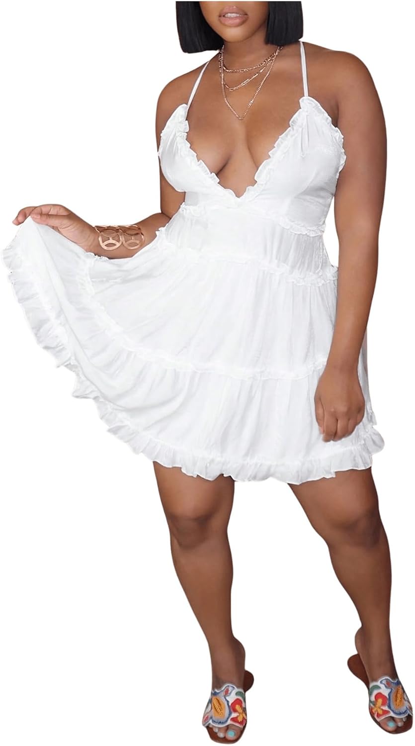 SweatyRocks Women's Ruffle V Neck Mini Dress Sleeveless Criss Cross Frill A Line Cami Dresses