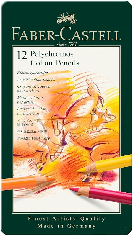 Art & Graphic Lápiz de color Polychromos, multicolor, lata de 12, para arte, manualidades, dibujo, bocetos, hogar, escuela, universidad, colorear
