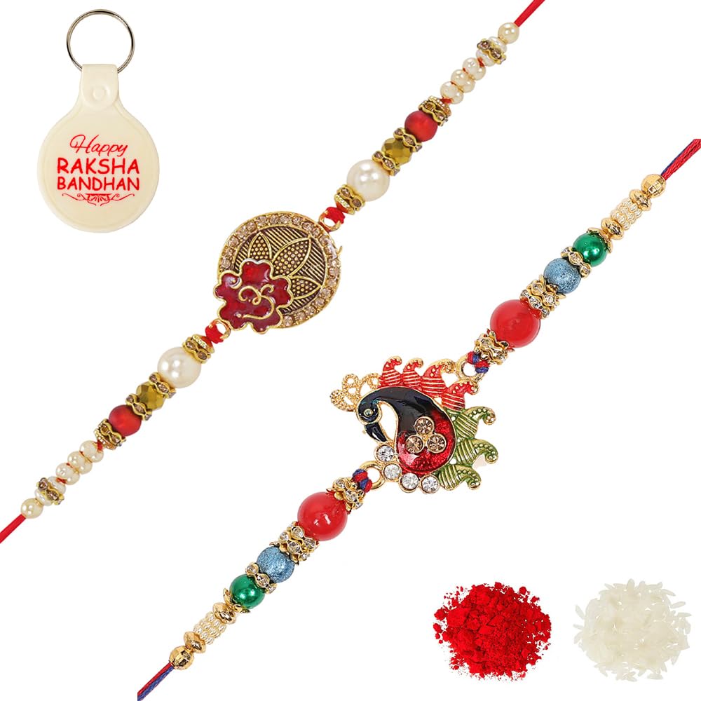 Riddhika Ventures Mens Ravishing Gold Plated Meenakari Om And Peacock Rakhi (Set Of 2) (Bracelet) Roli Chawal,Greeting Card And One Religious Keychain (K6K9K) (B0C8BL13V4) Amazon Price History, Amazon Price Tracker