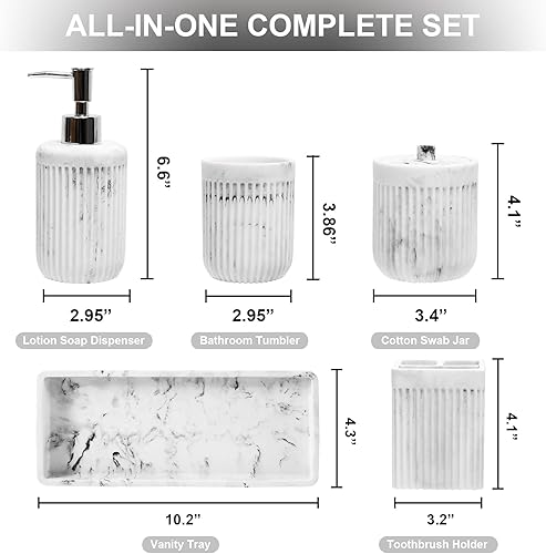 Miniatura 2 de Juego de 5 accesorios de baño de mármol blanco de resina, dispensador de jabón de loción, soporte para cepillo de dientes, vaso de baño, soporte