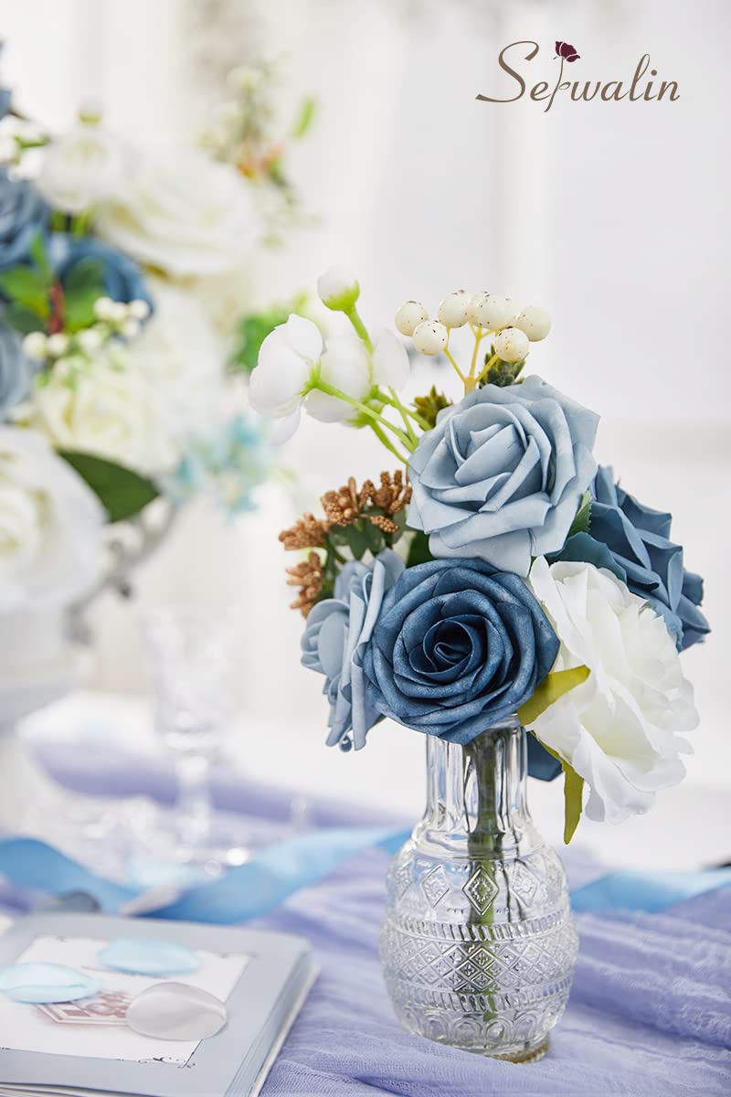 Serwalin Fiori artificiali per torta bouquet da sposa centrotavola per il giorno del Ringraziamento Peonia Rose Fiori di nozze Combo Fiori finti Boho per la (Blu&bianco)
