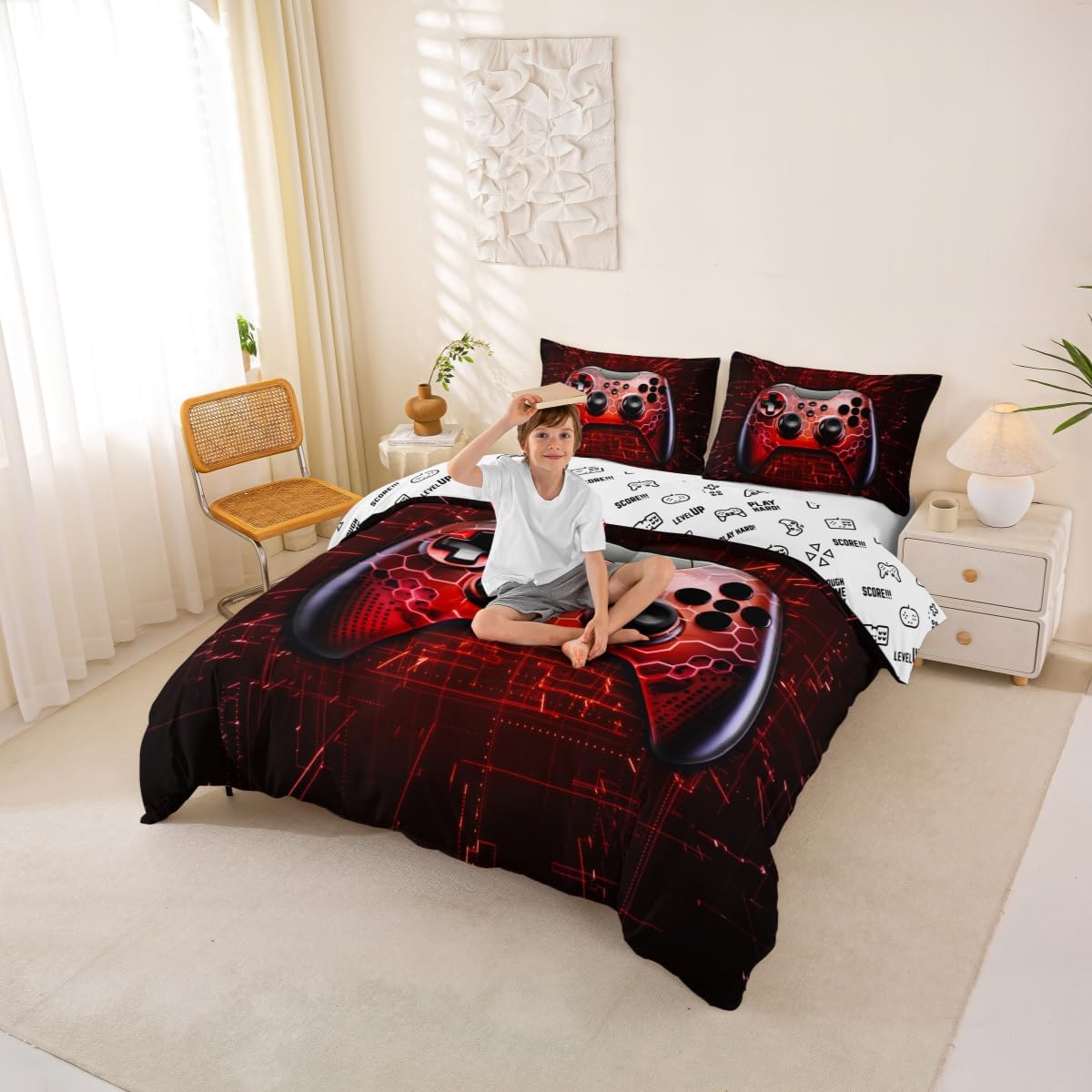 Castle Fairy Game Bedding Set for Boys Kids Gamepad in Modern Geometric Space Duvet Cover with 2 Pillowcases Reversible Gamer Bedroom Decor Black Red Set 3pcs,Full Size（No Filling）(No Comforter)