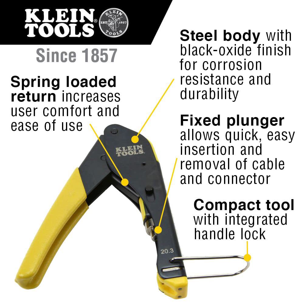 Kit d'installation coaxial dans une pochette moulée avec sertissage, pince à dénuder radiale et coupe-câble Klein Tools VDV011-852