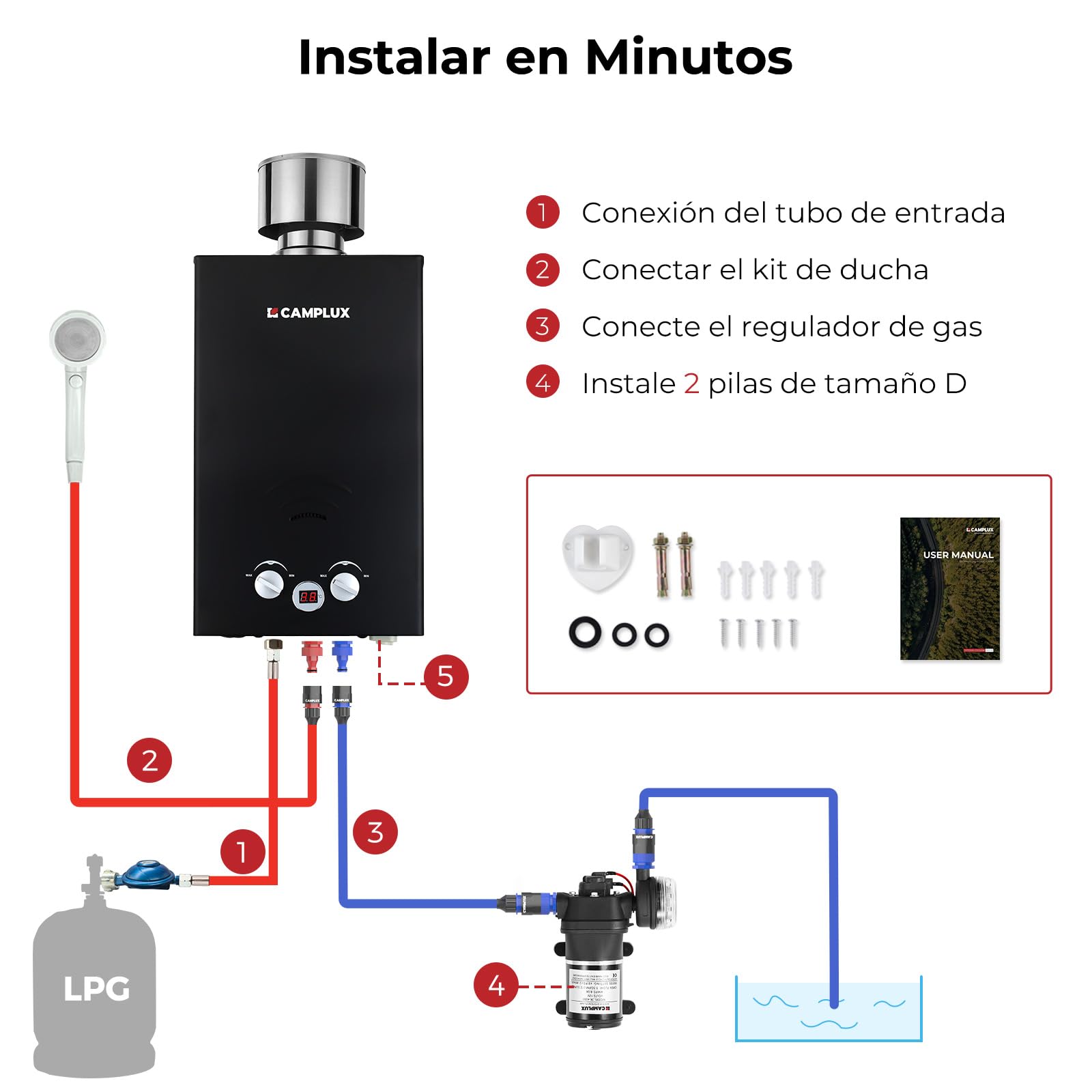 CAMPLUX Calentador de Agua de Gas con Bomba de Agua y Filtro, 10 Litros, GLP, 50mbar, 20kW, BW264BCP120-DE