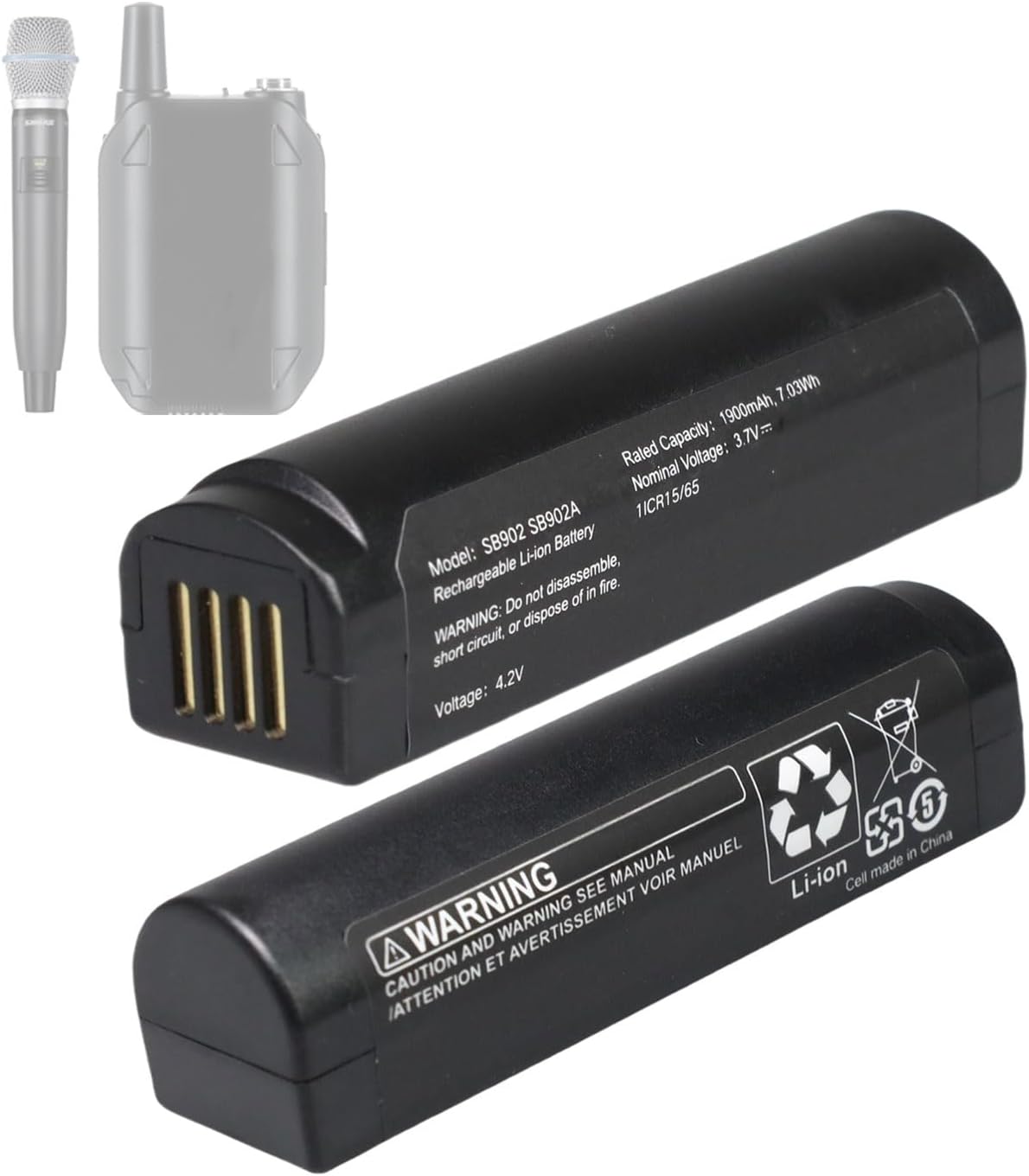 (2 Pack) for Shure SB902 Battery Replacement: for Shure GLX-D Battery - Digital Wireless Systems Rechargeable for SB902A, GLXD1, GLXD2, MXW2, GLX-D Transmitters, Receiversand Batteries 1900mAh