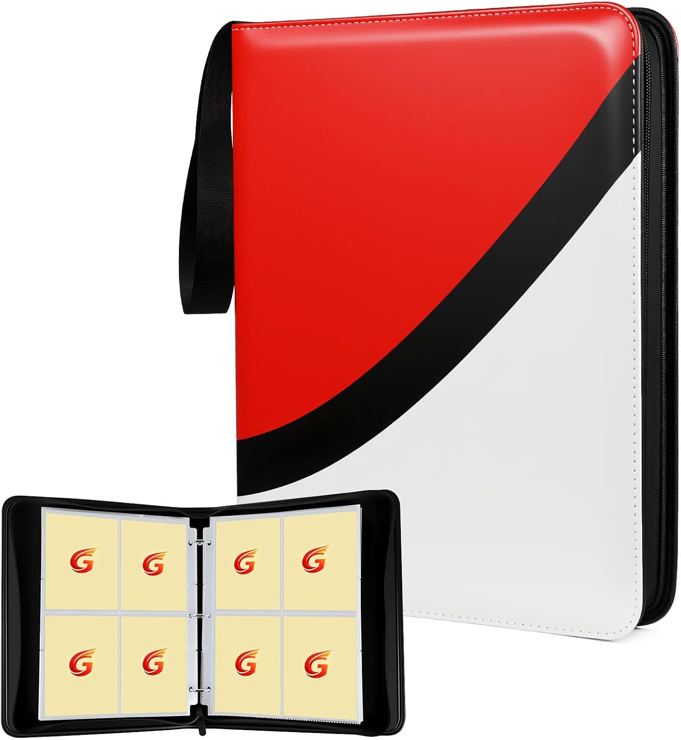 4 Pocket Trading Card Binder for Pokemon MTG Yu-Gi-Oh TCG, Fits 400 Cards With 50 Removable Double-Sided Pages, Portable Collection Card Album for Gift, Red White Black Tri-Color