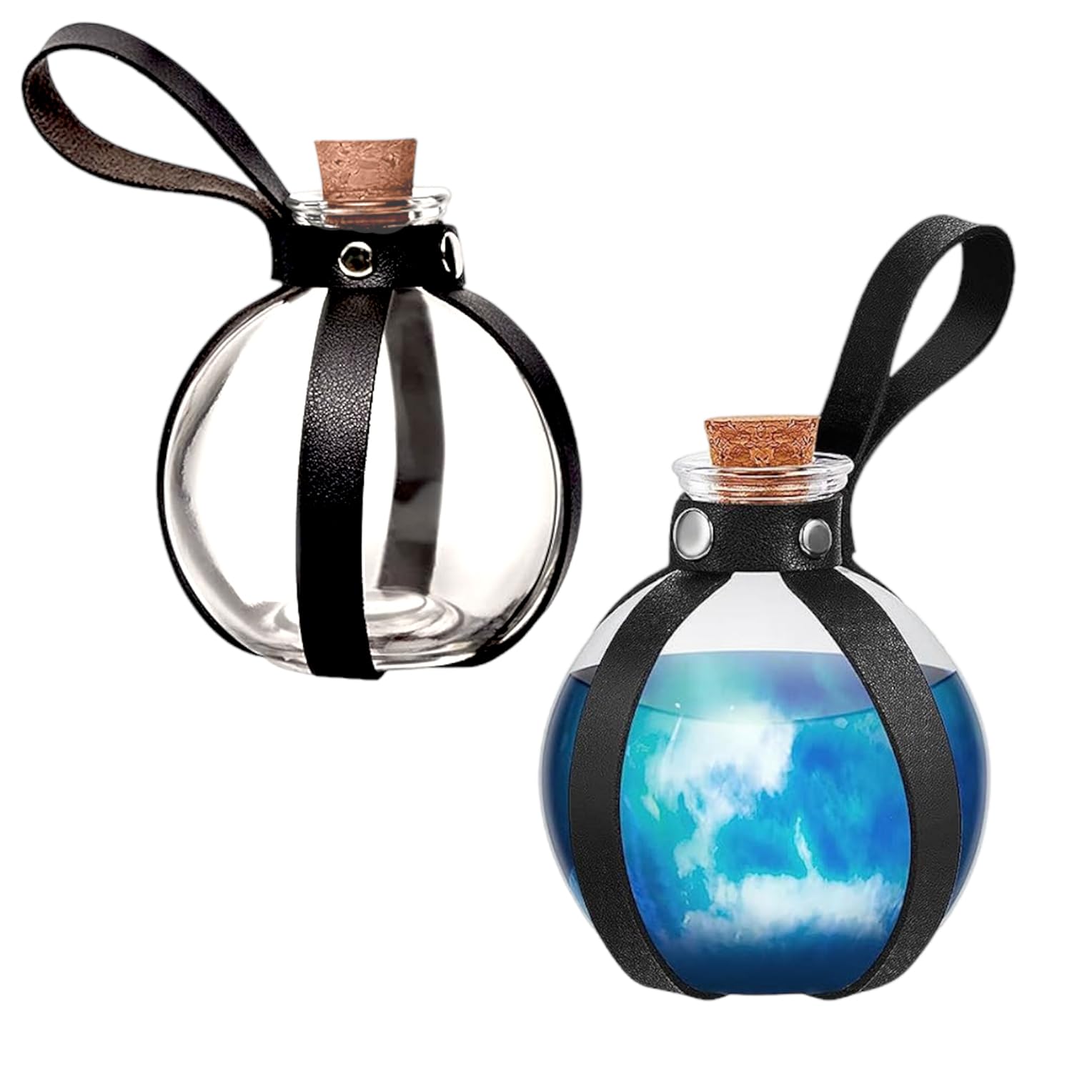 2 Dark Magic Potion Bottle-Witch and Wizard with Cork Stopper and Faux Leather Harness Holster Loop Potion Bottle-Skeleteen Wizard Potions for Halloween Cosplay (Black)