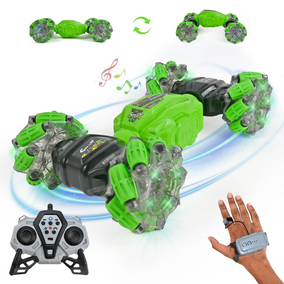 VikriDARemote Control Car Hand Controlled Gesture RC Stunt Car with Lights & Music for Kids 6-13 Year Old, 4WD 2.4GHz Off-Road 360° Rotation Toy Car Gift for Boys Girls - Green