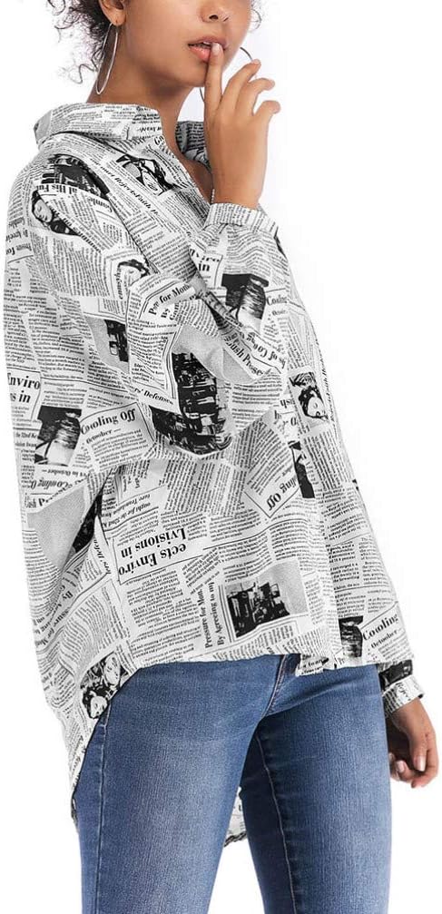 KESYOO Newspaper Print Blouse Loose Lapel Neck Shirt for Women Girls Long Sleeve Button Down Top Black - Image 5