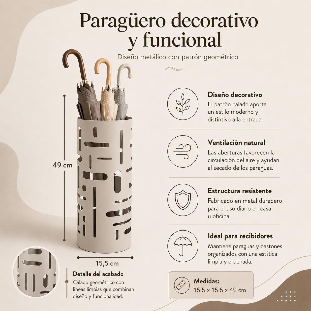 NORDIQ - Paraguero Metálico - Paragueros Modernos y Decorativos - Paragueros Originales para Entrada, Recibidor, Oficina o Comercio | Paragüero de Diseño Elegante y Funcional - Diseño Lineal - Beige