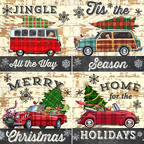 KISSBUTY 4 Pack 5D Full Drill Christmas Diamond Painting Kit, DIY Diamond Rhinestone Painting Kits for Adults and Beginner Diamond Arts Craft, 9.8 X 9.8 Inch (Cars Christmas Diamond Paintings)