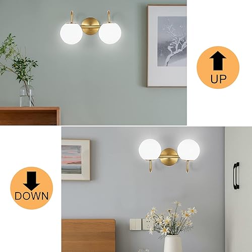 Miniatura 5 de Moderna lámpara de tocador de baño, 2 luces de latón cepillado, pantalla de vidrio blanco leche, lámpara de pared moderna para bar, iluminación
