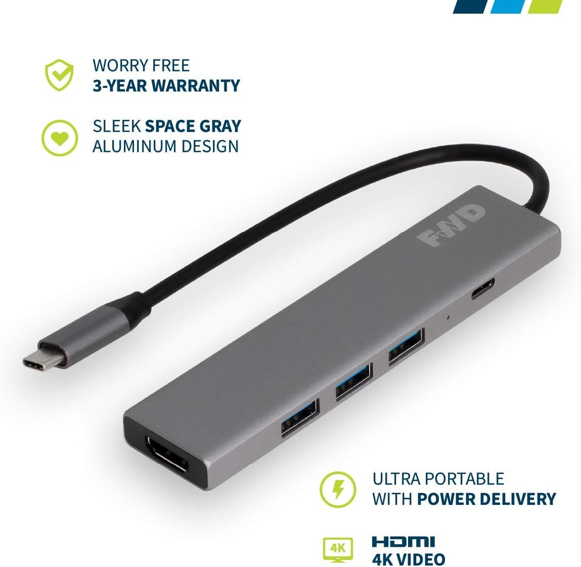 FWD Goods USB-C Hub Multiport Adapter - Powered USB Hub 3.0 with HDMI 4K Support, Aluminum - USB Port Expander for MacBook Laptop and Desktop - External USB-C Hub for Smart Devices