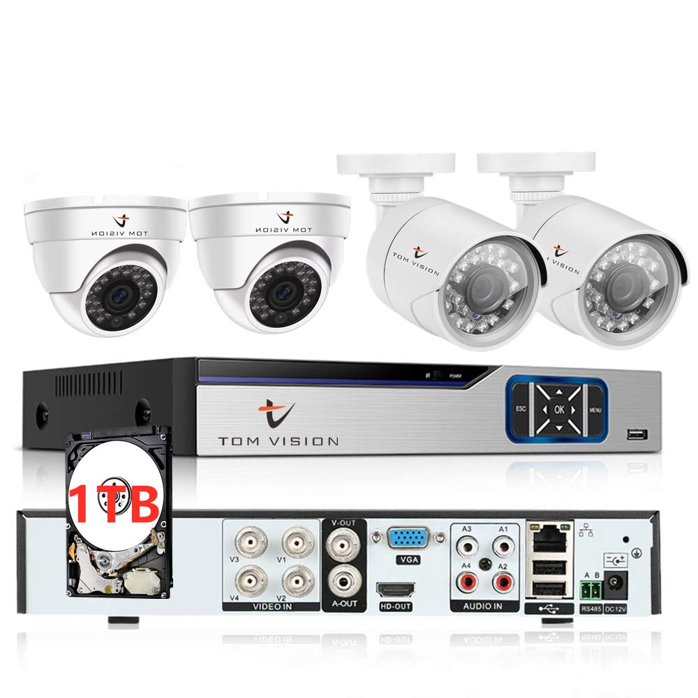 Tomvision 2Megapixels 4CH Home Security Camera System, Surveillance DVR kit with 2 Dome Camera/Indoor Camera & 2 Bullet Camera/Outdoor Camera (1TBHardDisk, 2Indoor2Outdoor)
