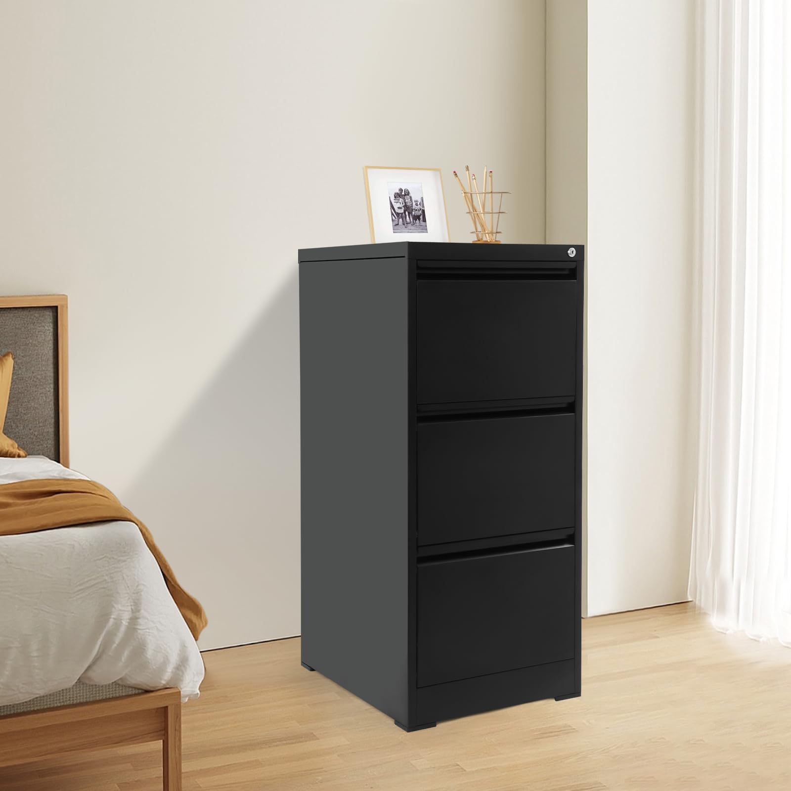 Armadietto con 3 cassetti, armadio in metallo in acciaio chiudibile, contenitore con cassetti per ufficio, armadietto da ufficio con serratura per documenti e documenti, 46 × 62 × 103,1 cm, nero