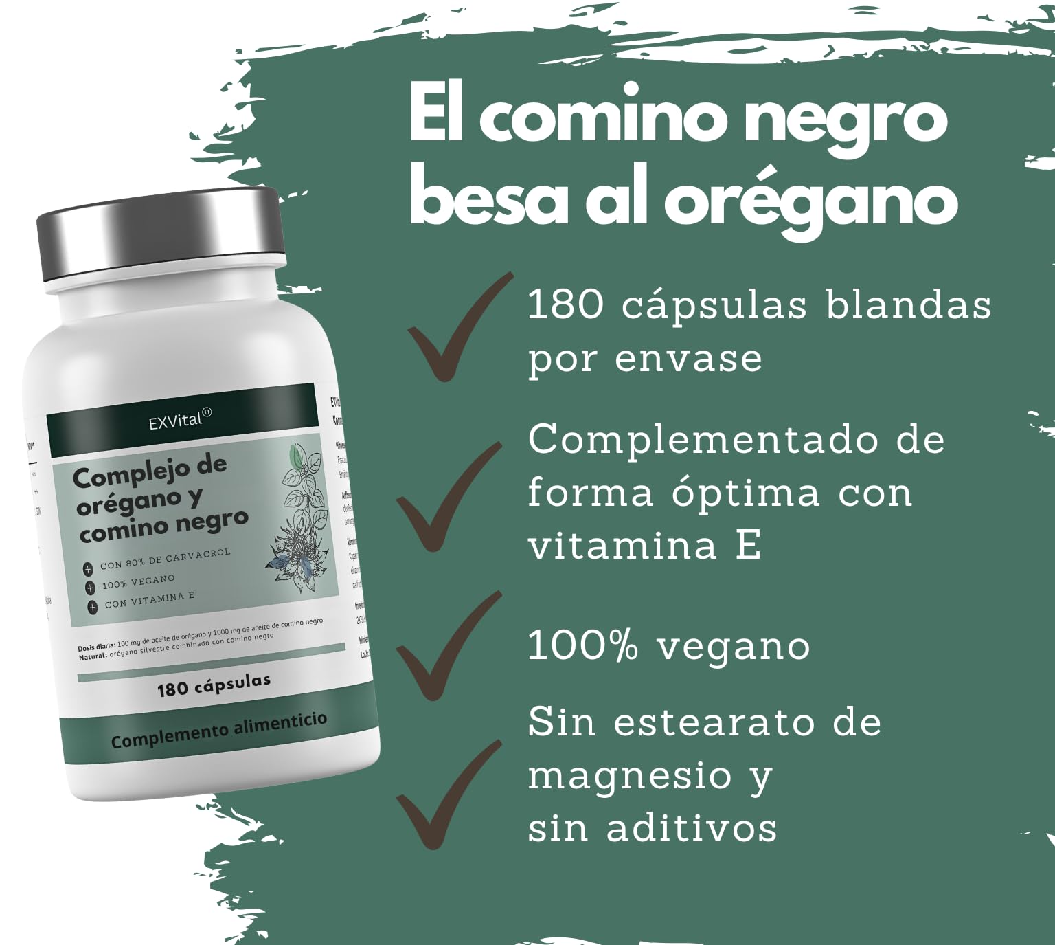 EXVital® Complejo de Aceite de Orégano y Comino Negro, 180 cápsulas veganas, 100 mg de aceite de orégano y 1000 mg de aceite de comino negro al día, 80% de carvacrol, alta dosis y sin aditivos