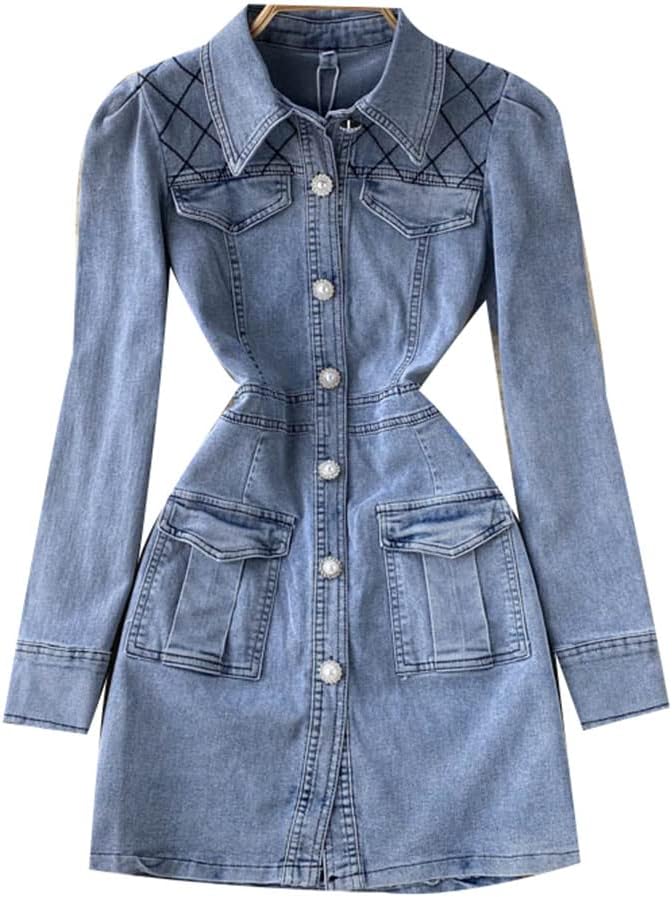 レトロな女性のシングル ブレスト デニム ドレス フルスリーブ ポケット スリム ウエスト ウエスト ワークウェア デニム ドレス